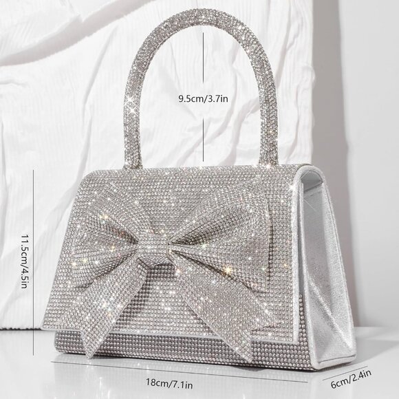 Evening Clutch Purse for Women Sparkly Bow Glitter Wedding Party Silver Bag - Picture 3 of 9